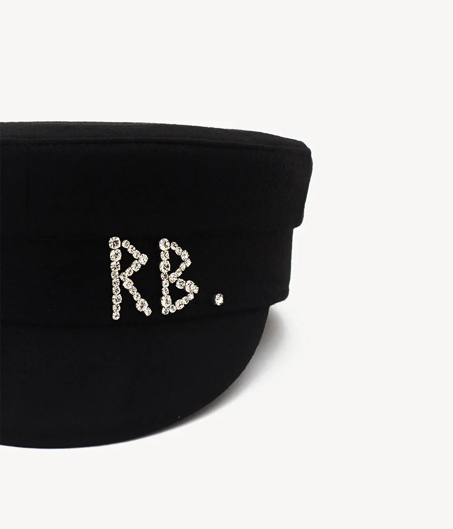 Crystal-embellished Black Wool Baker Boy Cap - Image 3