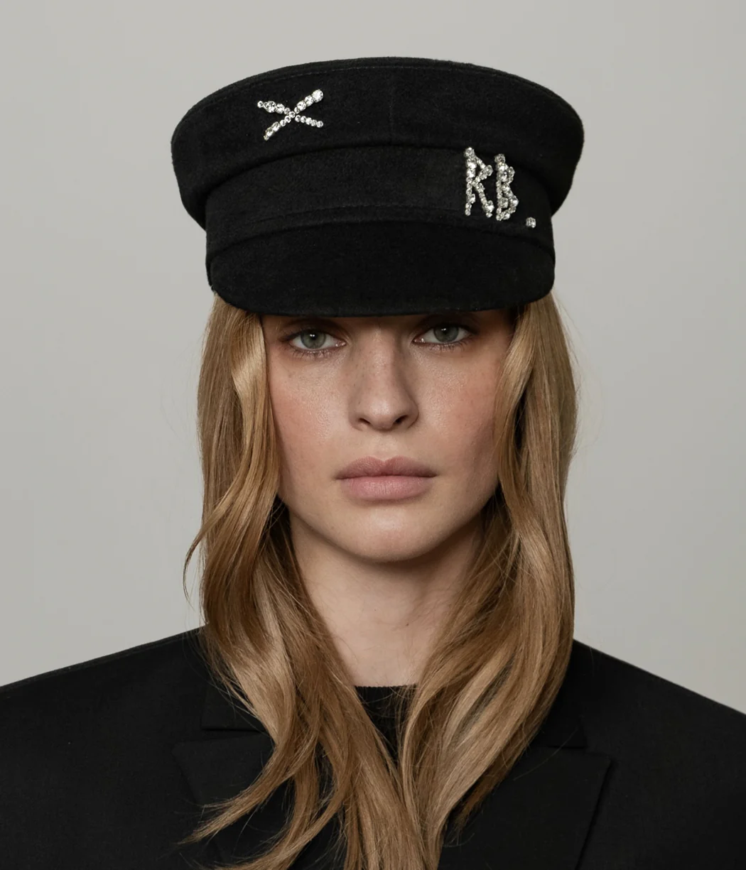 Crystal-embellished Black Wool Baker Boy Cap - Image 4