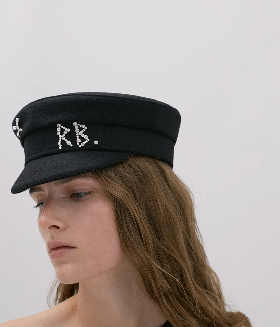 Crystal-embellished Black Wool Baker Boy Cap - Image 5