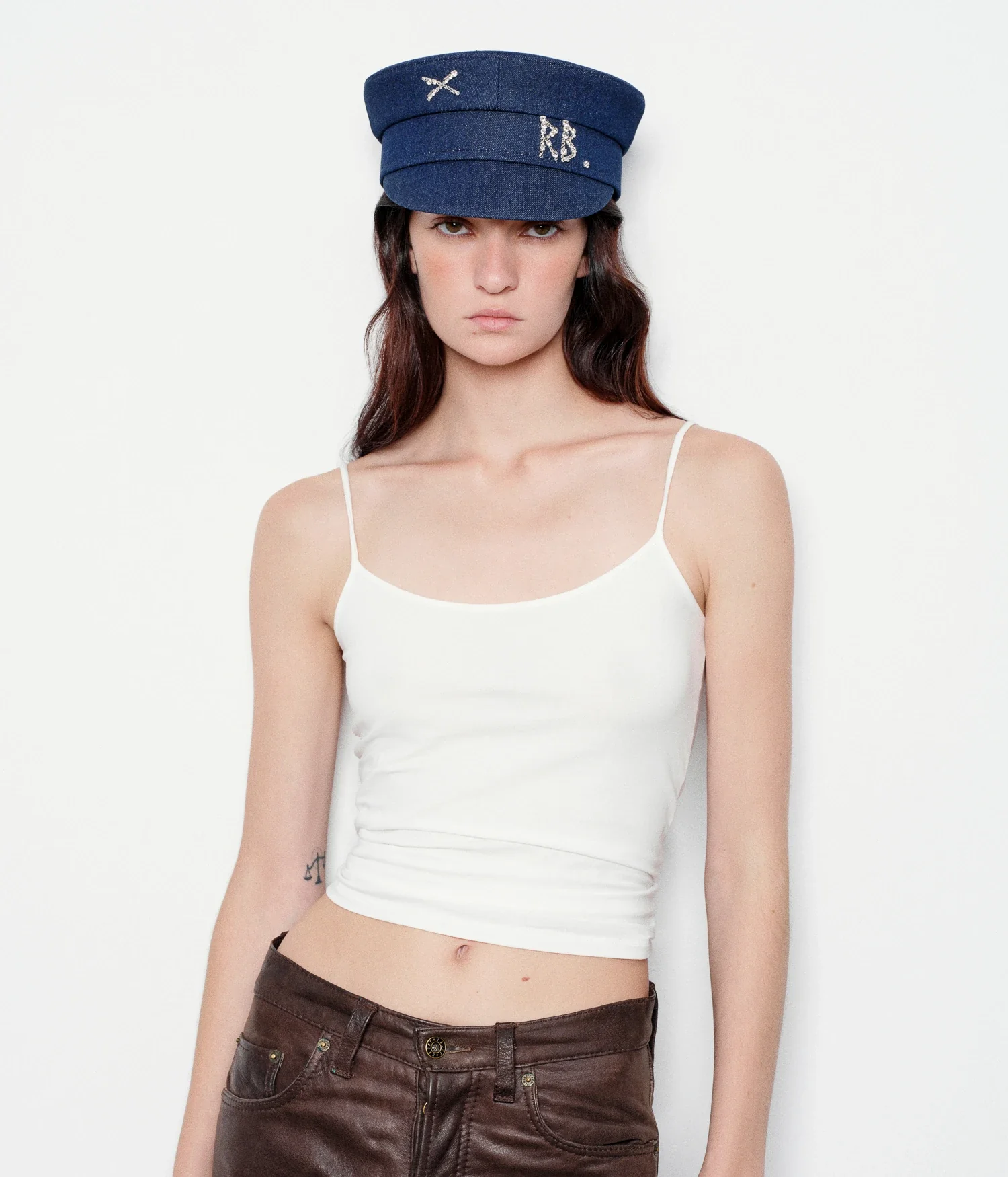 Crystal-Embellished Denim Baker Boy Cap - Image 3