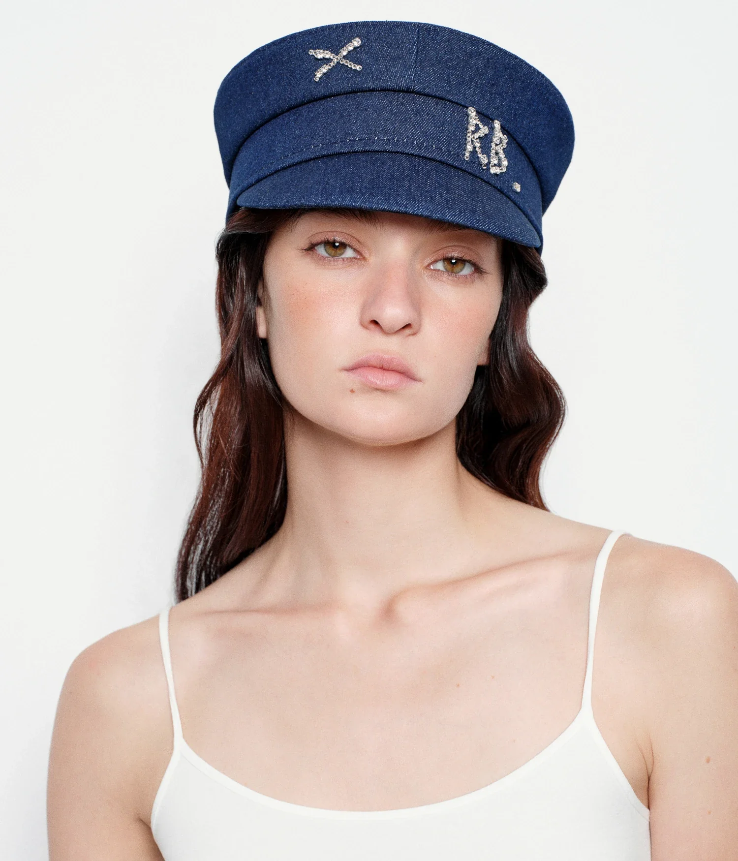Crystal-Embellished Denim Baker Boy Cap - Image 4