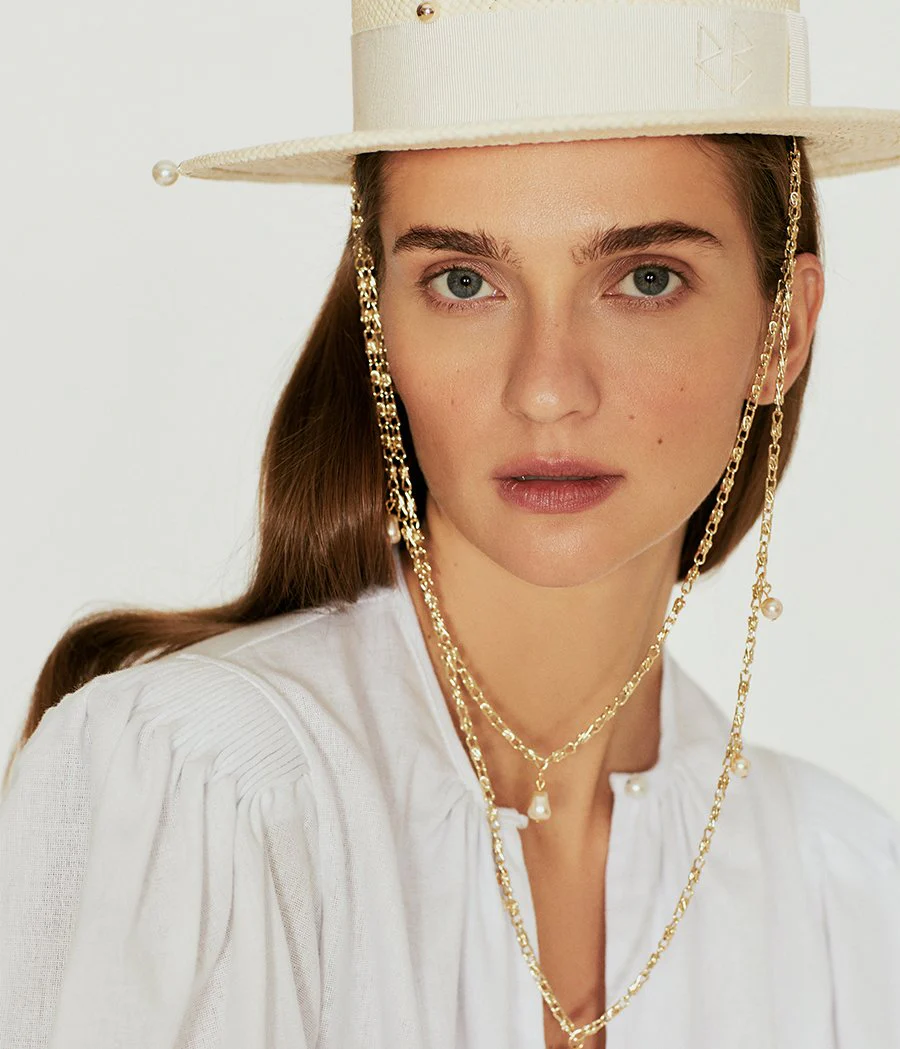Double Chain Strap Straw Boater Hat - Image 3