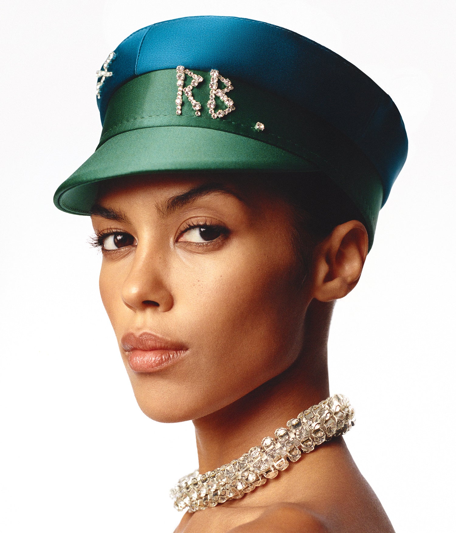 Crystal-embellished Green Satin Baker Boy Cap - Image 3