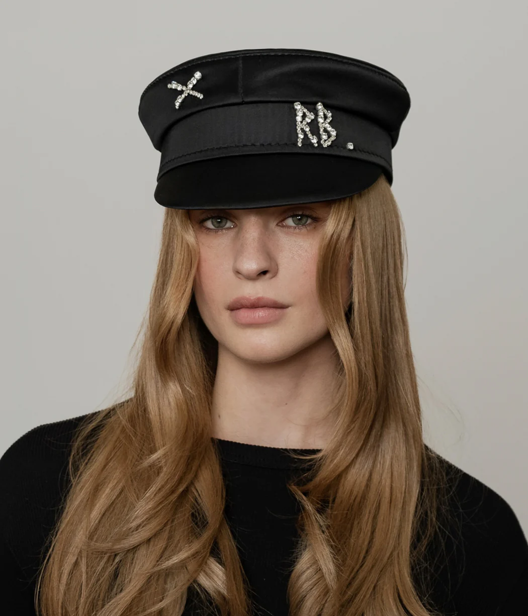 Crystal-embellished Black Satin Baker Boy Cap - Image 3