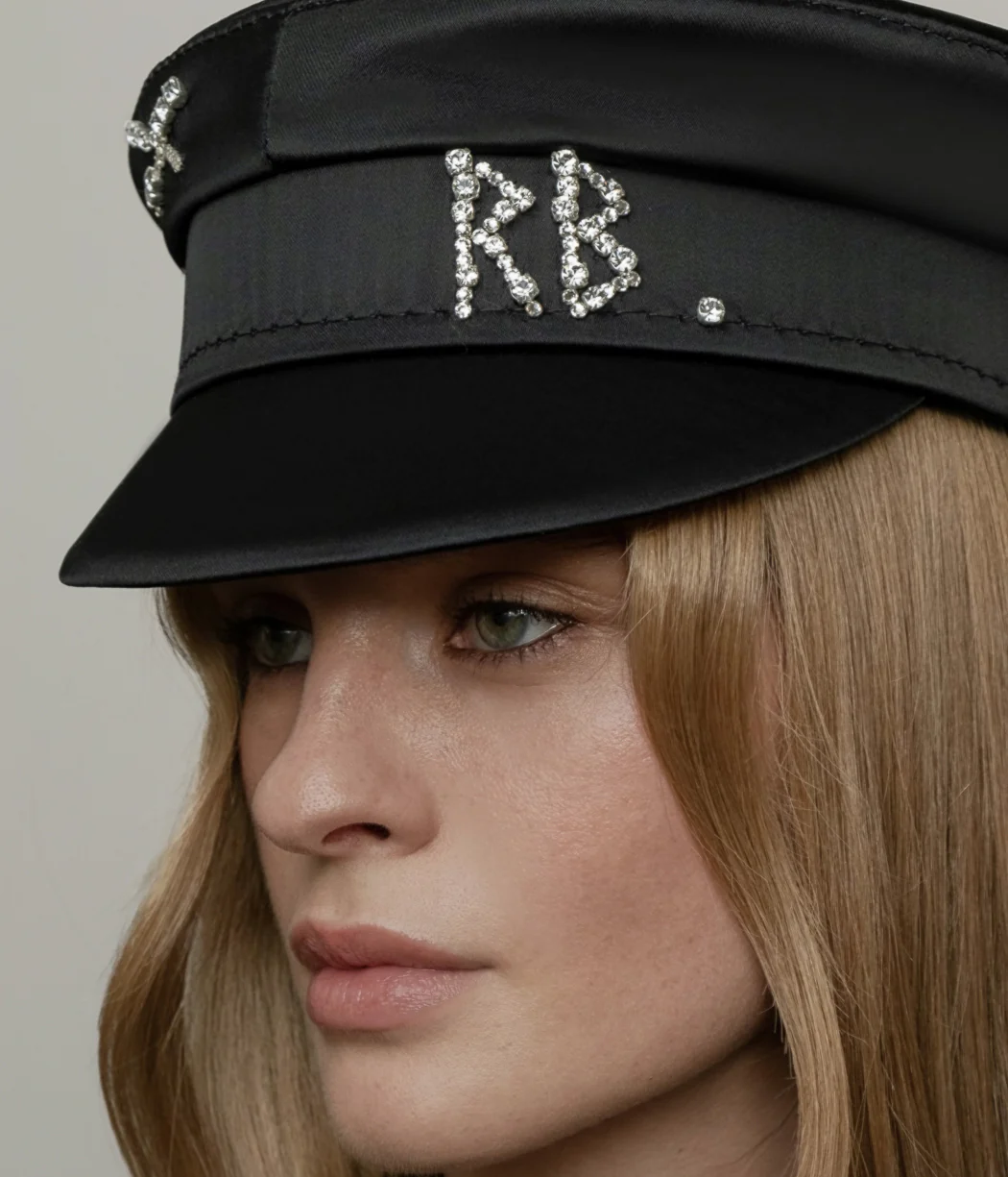 Crystal-embellished Black Satin Baker Boy Cap - Image 4